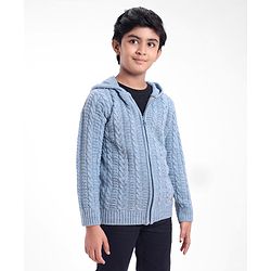 Pine Kids Full Sleeves Hooded Sweater With Cable Structure- Blue