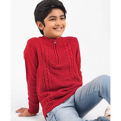 Pine Kids Full Sleeves Solid Sweater - Deep Red