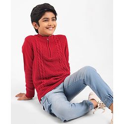 Pine Kids Full Sleeves Solid Sweater - Deep Red