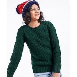 Pine Kids Fine Knit Full Sleeves Pullovers Sweaters Textured - Green