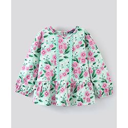 Pine Kids Full Sleeves Bio Washed Top With Lace Detailing Floral Print- Green