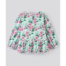 Pine Kids Full Sleeves Bio Washed Top With Lace Detailing Floral Print- Green