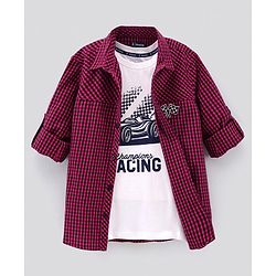 Pine Kids Full Sleeves Softner Wash Check Shirt With Inner Sleeveless T-Shirt - Maroon