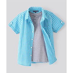 Pine Kids Half Sleeves Softener Wash Checked Shirt Solid Color Inner Tee - Sky Blue