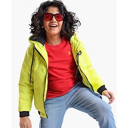 Pine Kids Full Sleeves Moderate Winter Solid Puffed Hooded Jacket - Neon Green