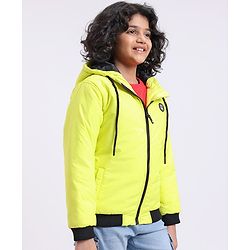 Pine Kids Full Sleeves Moderate Winter Solid Puffed Hooded Jacket - Neon Green