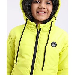 Pine Kids Full Sleeves Moderate Winter Solid Puffed Hooded Jacket - Neon Green