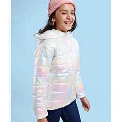 Pine Kids Full Sleeves Hooded Padded Jacket with Holographic Print for Moderate Winter - Multicolour