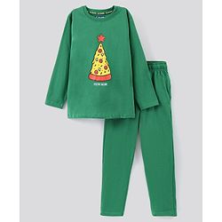 Pine Kids Full Sleeves 100% Cotton Christmas Print Night Suit - Green