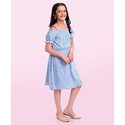 Pine Kids Rayon Woven Cold Shoulder Floral Printed Flared Dress - Sky Blue