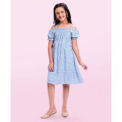 Pine Kids Rayon Woven Cold Shoulder Floral Printed Flared Dress - Sky Blue