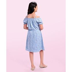 Pine Kids Rayon Woven Cold Shoulder Floral Printed Flared Dress - Sky Blue