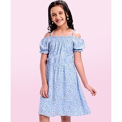 Pine Kids Rayon Woven Cold Shoulder Floral Printed Flared Dress - Sky Blue