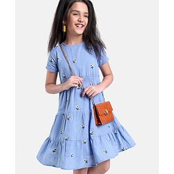 Pine Kids Half Sleeves Floral Embroidered Frock - Light Blue