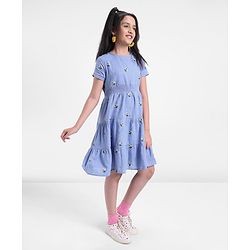 Pine Kids Half Sleeves Floral Embroidered Frock - Light Blue