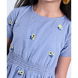 Pine Kids Half Sleeves Floral Embroidered Frock - Light Blue