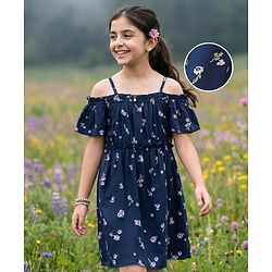 Pine Kids Half Sleeves All Over Printed Frock - Navy Blue