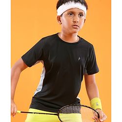 Pine Active High stretch Half Sleeves Solid T-Shirt with Breathable Side Mesh Panel - Black