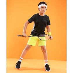 Pine Active High stretch Half Sleeves Solid T-Shirt with Breathable Side Mesh Panel - Black