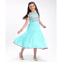 Pine Kids Sleeveless A Line Ethnic Dress Floral Embroidery - Turquoise