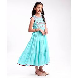 Pine Kids Sleeveless A Line Ethnic Dress Floral Embroidery - Turquoise