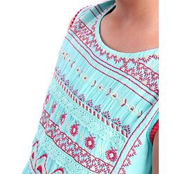 Pine Kids Sleeveless A Line Ethnic Dress Floral Embroidery - Turquoise