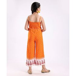 Pine Kids Singlet Sleeves Woven Lace Jumpsuit with Waist Tassel and Floral Print - Orange