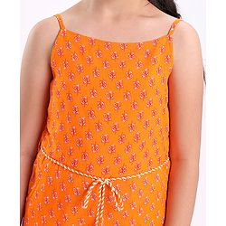 Pine Kids Singlet Sleeves Woven Lace Jumpsuit with Waist Tassel and Floral Print - Orange