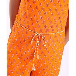 Pine Kids Singlet Sleeves Woven Lace Jumpsuit with Waist Tassel and Floral Print - Orange