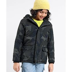 Pine Kids Full Sleeves Camouflage Printed Winter Wear Padded Jacket With Hoodie - Multicolour