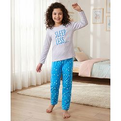 Pine Kids Full Sleeves 100% Cotton Bio-Wash Text Print Night Suit - Grey and Blue