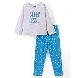 Pine Kids Full Sleeves 100% Cotton Bio-Wash Text Print Night Suit - Grey and Blue