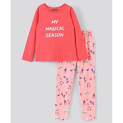 Pine Kids 100% Cotton Full Sleeves Biowashed Night Suit Text Print - Peach