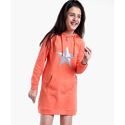 Pine Kids Full Sleeves Long Length Hooded Biowashed Sweatshirt Star Print- Orange