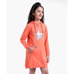 Pine Kids Full Sleeves Long Length Hooded Biowashed Sweatshirt Star Print- Orange