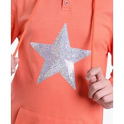 Pine Kids Full Sleeves Long Length Hooded Biowashed Sweatshirt Star Print- Orange