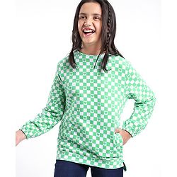 Pine Kids Full Sleeves Cotton Biowashed Sweatshirt Checks & Hearts Print- Green