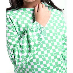 Pine Kids Full Sleeves Cotton Biowashed Sweatshirt Checks & Hearts Print- Green