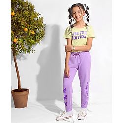 Pine Kids 100% Cotton Knit Full Length Bio Washed Lounge Pant With HD & Foil Print - Purple