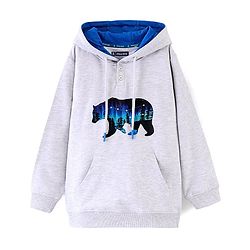 Pine Kids Cotton Blend Knit Full Sleeves Bear Printed Hooded Sweatshirt - Grey