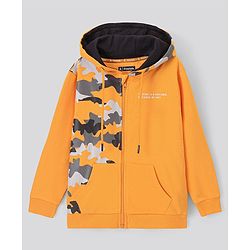 Pine Kids Full Sleeves Biowashed Hooded Sweatshirt Camo Print- Orange
