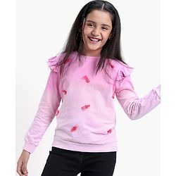 Pine Kids Cotton Knit Full Sleeves Bio Washed Sweatshirt Butterfly Applique - Pink
