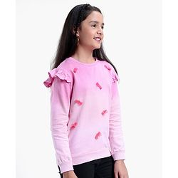 Pine Kids Cotton Knit Full Sleeves Bio Washed Sweatshirt Butterfly Applique - Pink