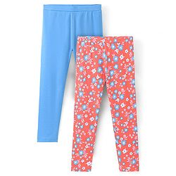 Pine Kids Full Length Stretchable & Biowashed Cotton Leggings Solid & Floral Print Pack Of 2 - Blue Red
