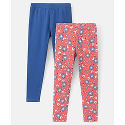 Pine Kids Full Length Stretchable & Biowashed Cotton Leggings Solid & Floral Print Pack Of 2 - Blue Pink