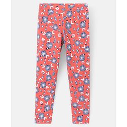 Pine Kids Full Length Stretchable & Biowashed Cotton Leggings Solid & Floral Print Pack Of 2 - Blue Pink