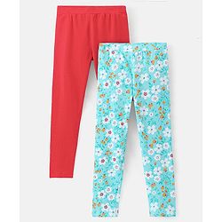 Pine Kids Full Length Stretchable & Biowashed Cotton Leggings Solid & Floral Print Pack Of 2 - Red Blue