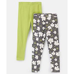 Pine Kids Full Length Cotton Biowashed Stretchable Leggings Floral Print & Solid Pack Of 2 - Green Grey