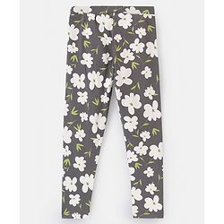 Pine Kids Full Length Cotton Biowashed Stretchable Leggings Floral Print & Solid Pack Of 2 - Green Grey