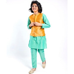 Pine Kids Full Sleeves Kurta Pyjama Set with Nehru Jacket - Radiance Blue